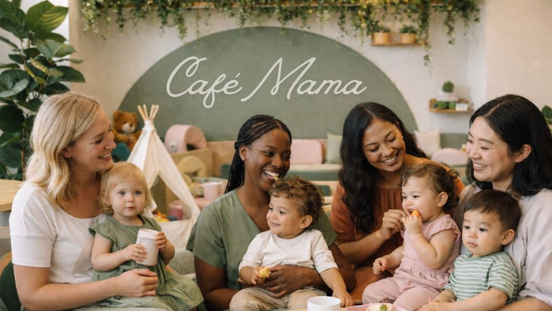 Group of mothers and their children at a café named 'Café Mama'.