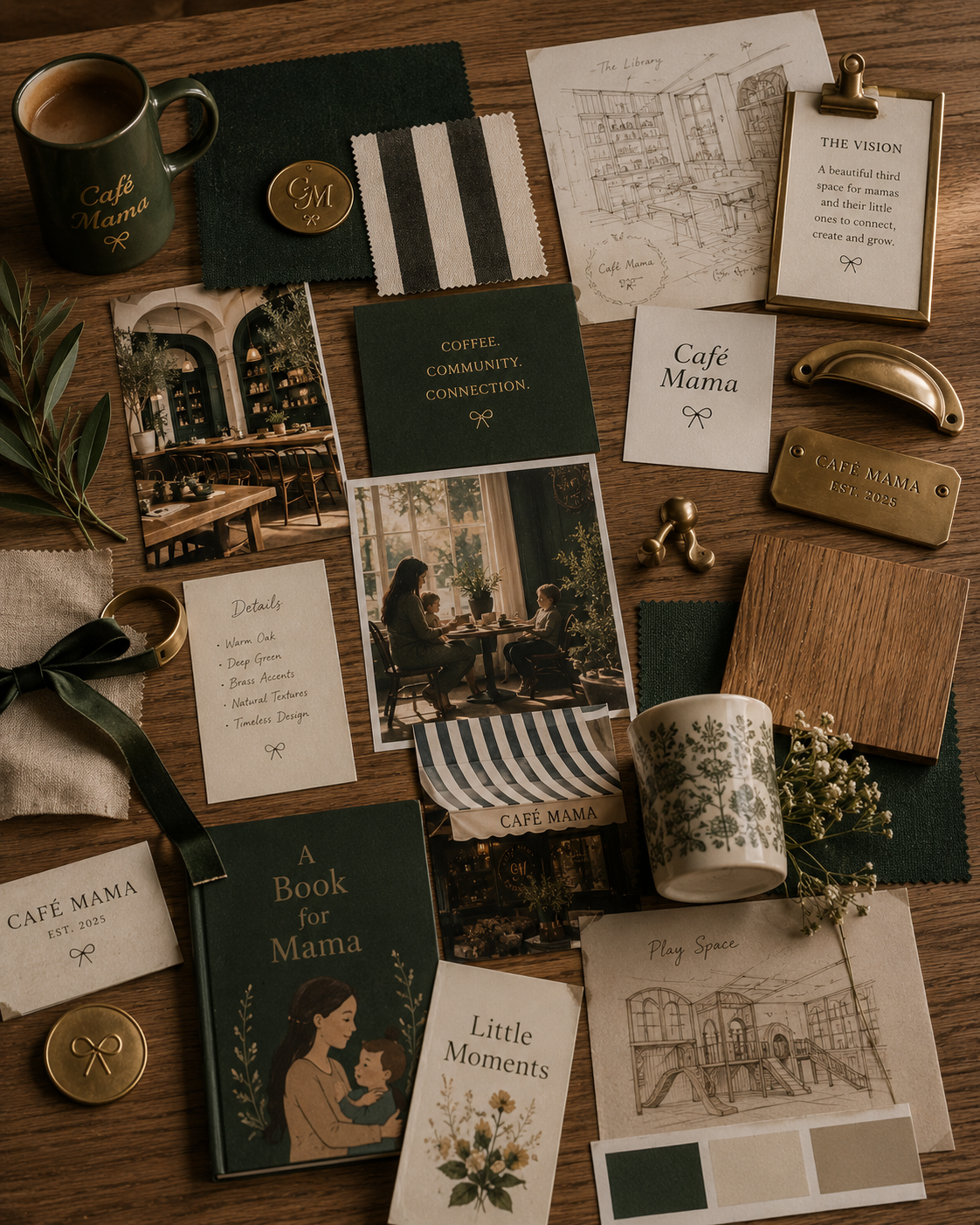 A styled flat-lay of cafe-themed stationery and decor items arranged on a wooden surface, including a green 'Cafe Mama' mug, cards, notebooks, fabric swatches, a small plant, and metallic accents.